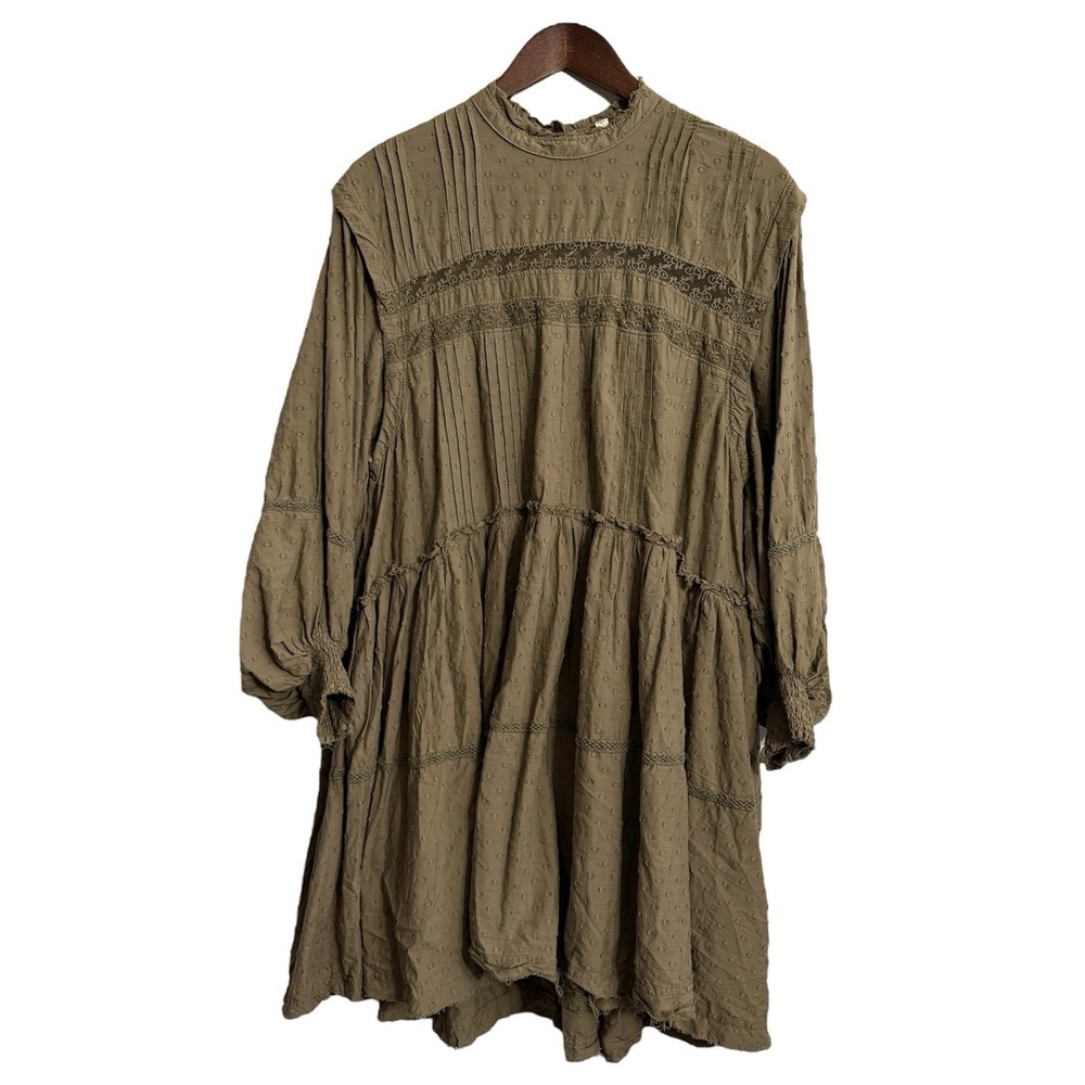 Pilcro dress women's XL brown ruffle tiered long sleeve Swiss dot lace cottage